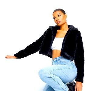 PLT black cropped fur jacket